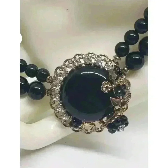 Vintage Black Necklace Bead Filigree Leaf Rhinestone Coker 1950s Drama - Picture 1 of 16
